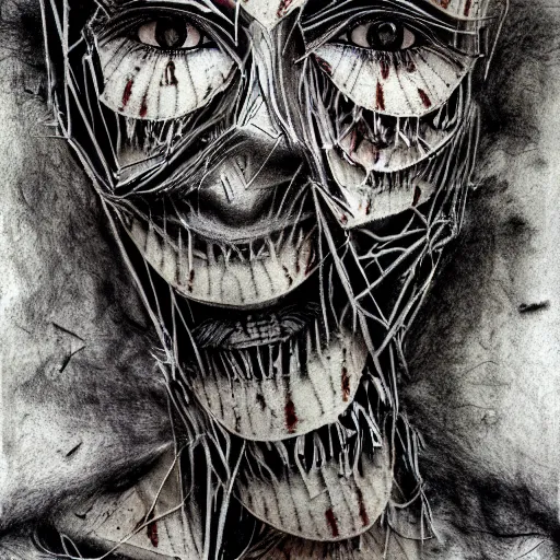 prompthunt: multiple faces shredded like paper news scared, dark horror,  surreal, drawing, painting