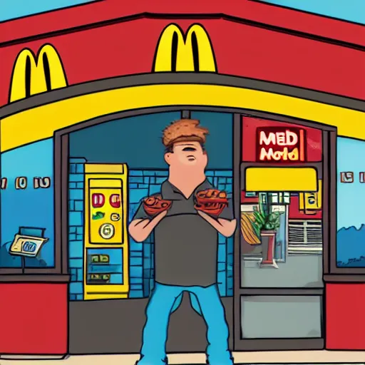 Image similar to Tim Dillon working at McDonalds because he lost all of his money leverage trading bitcoin, mike judge art style, 90s mtv illustration