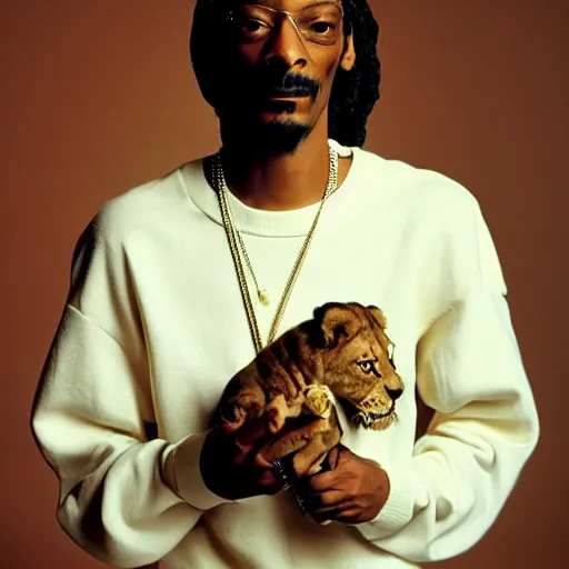 Prompt: Snoop Dogg holding a Lion for a 1990s sitcom tv show, Studio Photograph, portrait, C 12.0