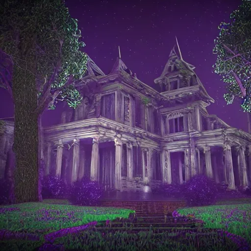 Image similar to Haunted Mansion in a dark forest dead trees moon lit sky spooky depth of field cinematic view Vray 8K HDR Vines Tombstones architecture garden with roses windows glowing purple eerie render