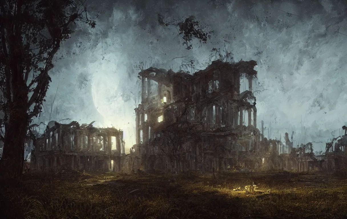 Prompt: A digital painting of a close-up view of abandonned ruins, some dim moonlight, by Ismail Inceoglu and Caspar David Friedrich, stunning, photorealistic, highly-detailed, 4k, ue5, light effect, rtx on, realistic, cinematic, IMAX quality, trending on artstation