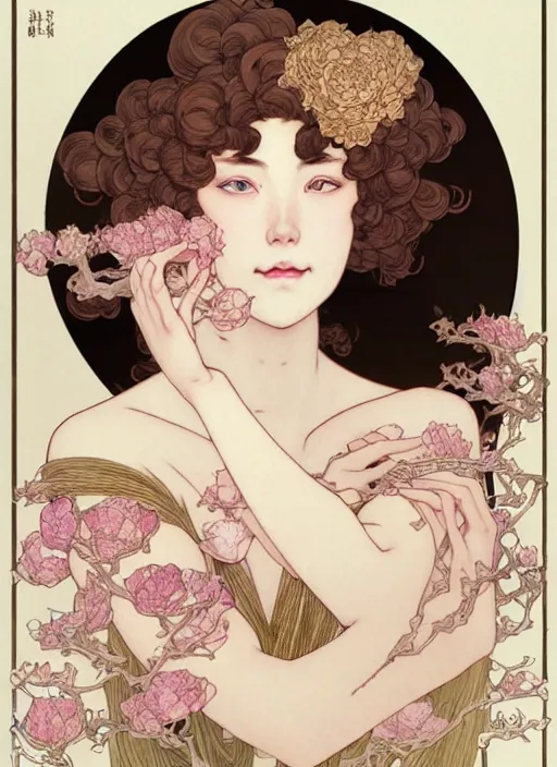 Image similar to young blond girl, macabre dark goddess of pearls and peonies, with long curly, hazelnut hair, perfectly proportioned face, brown eyes, sweet smile, strong jawline, by takato yamamoto, natural lighting, path traced, highly detailed, high quality, cartoon, digital painting, by new haicheng and studio ghibli, alphonse mucha