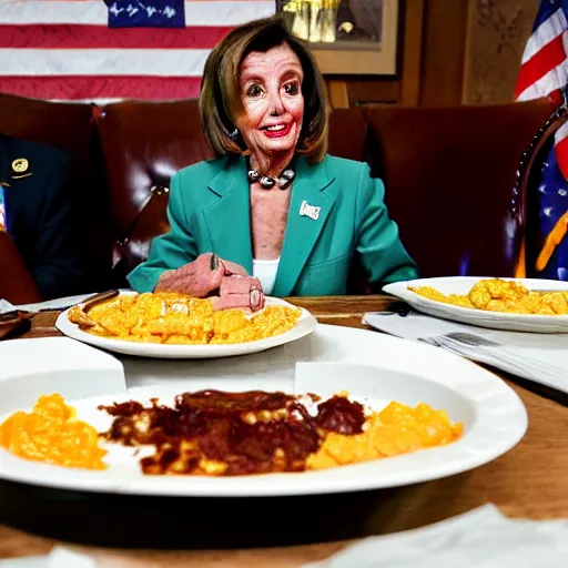 Image similar to a photograph of nancy pelosi wearing an army uniform while eating a large plate filled with scrambled eggs