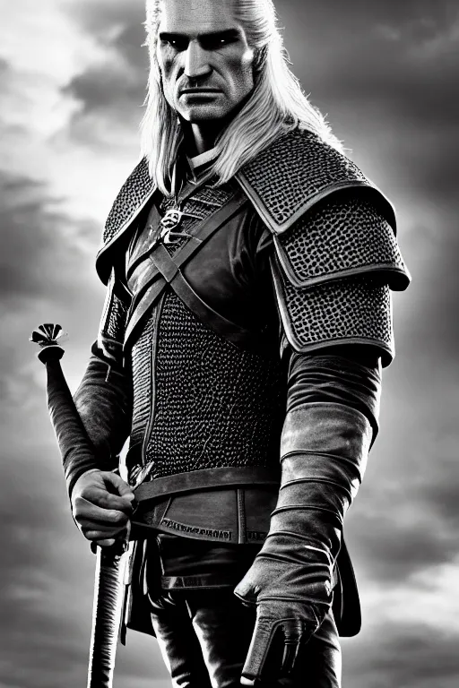 Image similar to 3 / 4 profile picture of geralt of rivia, 5 5 mm lens, professional photograph, black and white, times magazine, serious