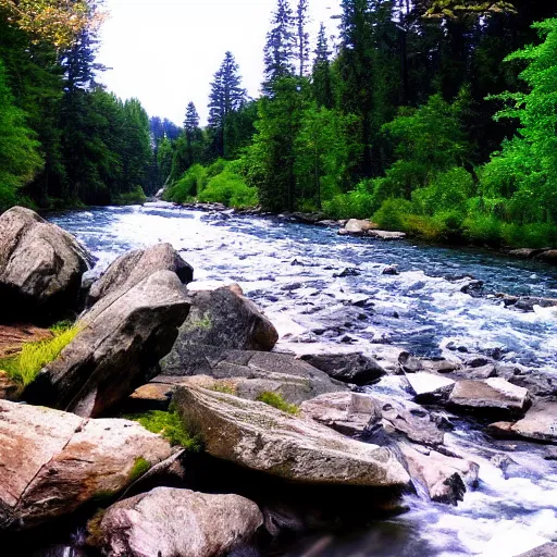 Prompt: a beautiful landscape, river, rocks, trees, lush vegetation