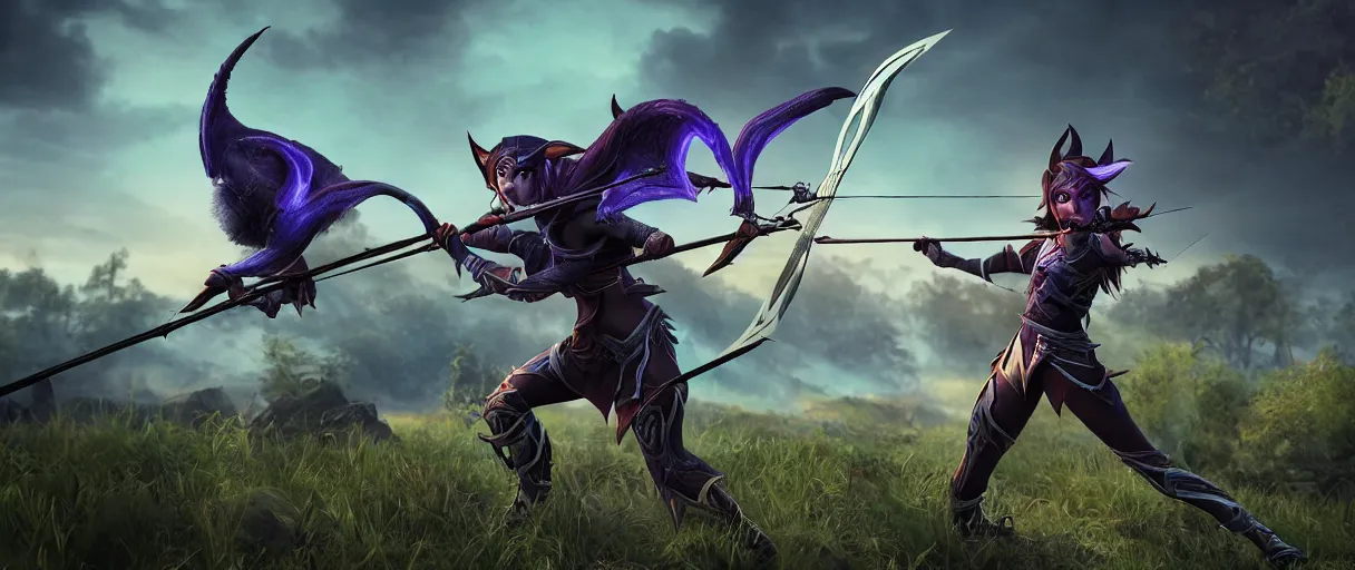 Image similar to a night elf hunter casting arrows with sitting ravager pet dramatic lighting cinematic establishing shot extremely high detail foto realistic cinematic lighting post processed