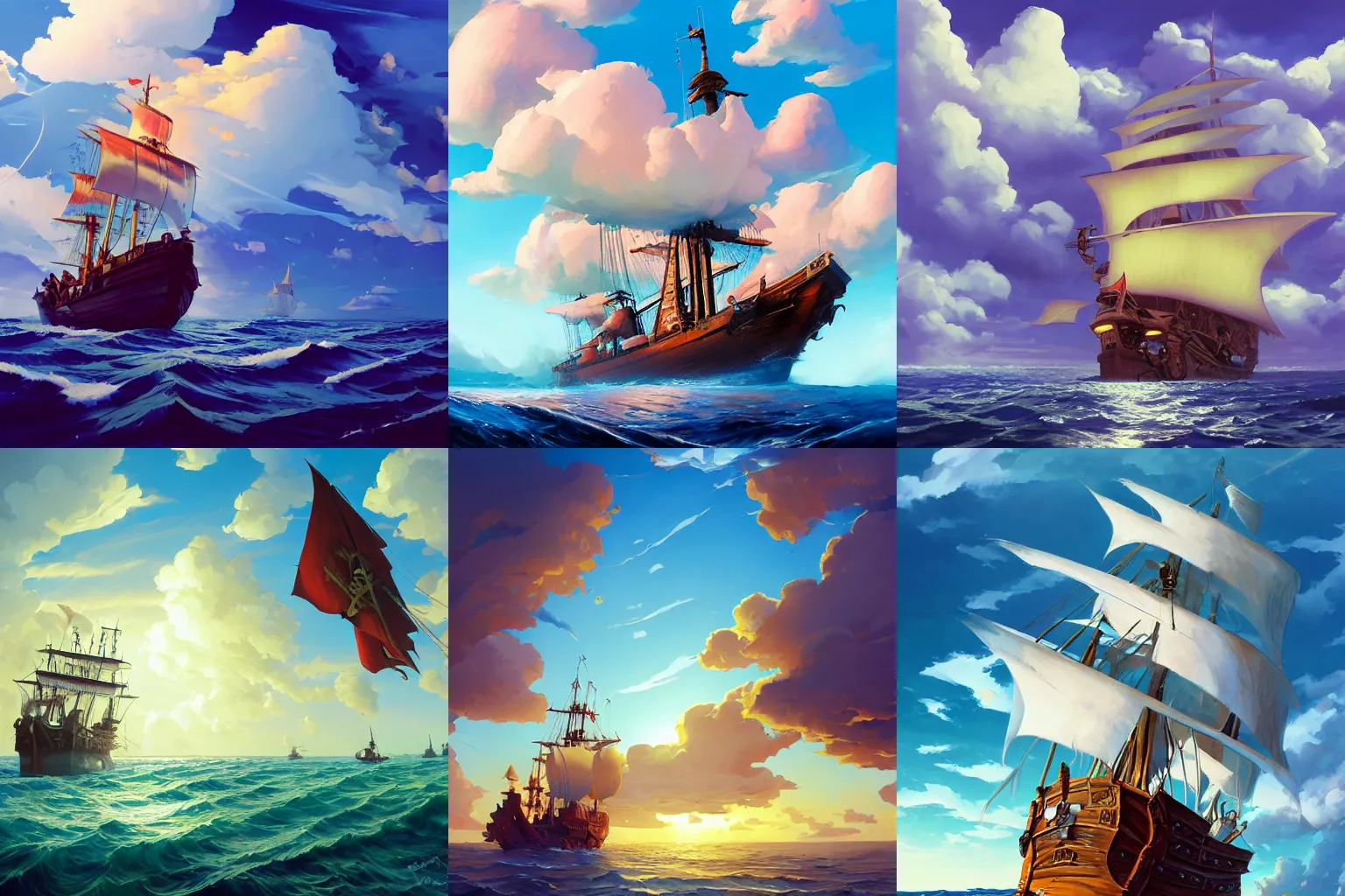 Prompt: a pirate ship on the open sea, billowing clouds, wide angle lens, shot from a low angle. by jesper ejsing, by rhads, makoto shinkai and lois van baarle, ilya kuvshinov. global illumination.