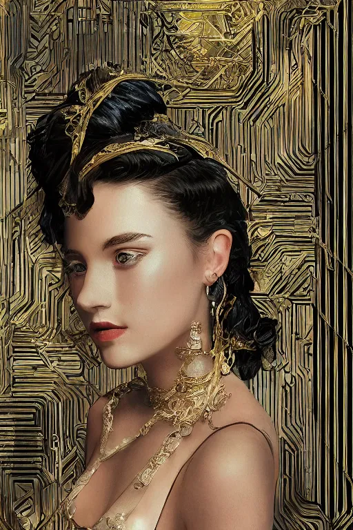 Image similar to An extremely beautiful Art Deco ornate portrait of a young attractive woman with a silky bio-luminiscent holographic dress, neo-cyberpunk, professionally painted digital art illustration, smooth, sharp focus, atmospheric lighting, highly detailed illustration highlights, golden ratio, extremely detailed winning award masterpiece, very coherent symmetrical artwork, sense of awe, 8K post-processing, trending on artstation flawless, prismatic highlights, telephoto, depth of field, cinematic, macro, concept art, wepa digital, elegant, epic, octane render, v-ray, C4D