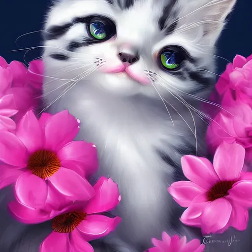 Prompt: cute kitten with pink flowers, digital art, concept art, gemmy woud binnendijk, nixeu, artgerm