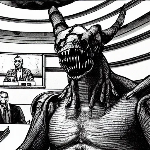 Image similar to Cinematic shot of a Deathclaw testifying to congress, 8k, detailed,