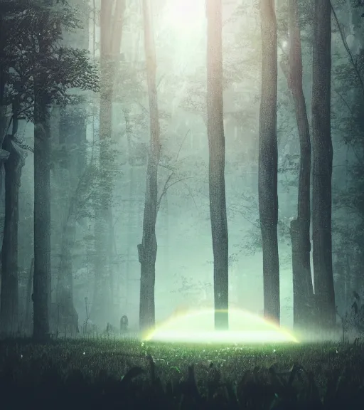 Image similar to night flashlight photography of the symmetric daydreaming of the big sun glare, fluid big cotton sheets floating in the center of the air, cyberpunk forest, majestic light, octane render, beauty fog, ethereal glare of the sun, raining rainbow, volumetric lighting, hyperealistic, epic, masterpiece