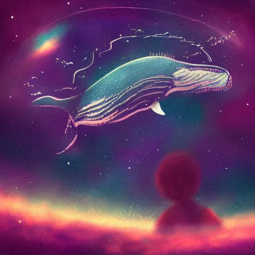 Prompt: portrait of whale swimming on a night sky, swimming across the universe, nebulae, galaxies, oniric, dreamy, beautiful, highly detailed, cinematic, trending on artstation