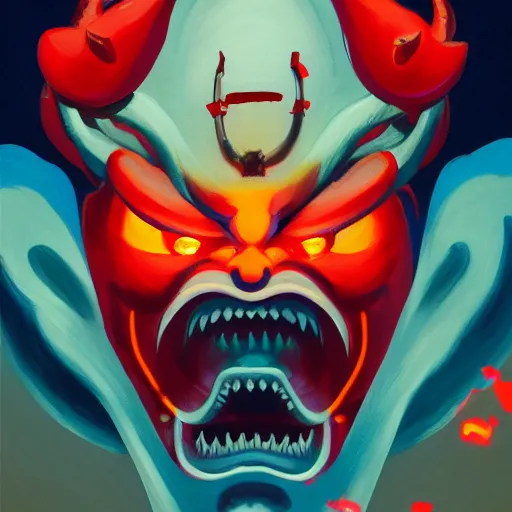 Prompt: a vibrant painting of japanese oni demon with glowing red horns, ominous, magic details, by moebius, edward hopper, james gilleard, and james jean, hd, 4 k, symmetrical, trending on artstation, uhd,