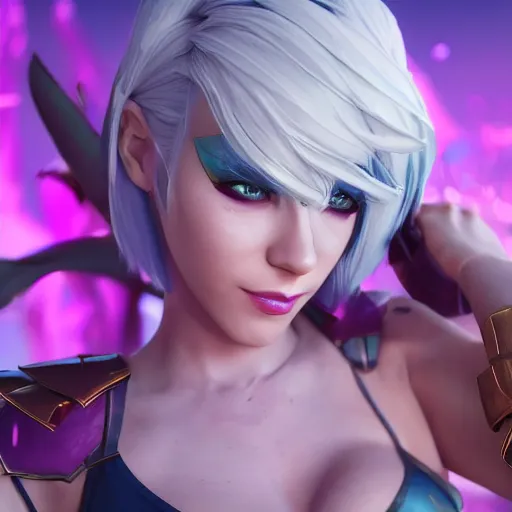 Image similar to still of pretty Riven (League of Legends) in KDA music video. 3d render, octane render, game art, realistic, highly detailed, trending on artstation, 4k, trending on artstation, pixar, cgsociety, unreal engine 5, redshift render, trending on artstation, blender, behance, cg