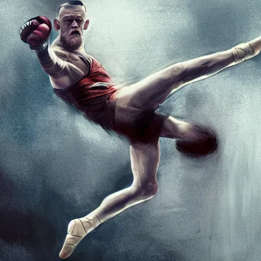 Prompt: connor mcgregor dressed as a ballerina dancing ballet inside the mma ring, highly detailed, digital painting, concept art, art by greg rutkowski, 4 k