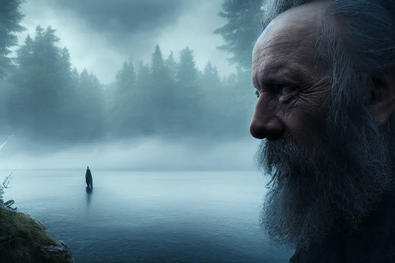 Image similar to an ultra realistic, cinematic headshot portrait, of an evil wizard, background of a vast serene landscape, with trees and rivers, detailed, deep focus, movie still, dramatic lighting, ray tracing, by michal karcz and yoshitaka amano