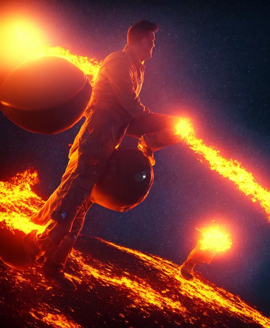 Prompt: realistic photo of a man just landed on firey future planet, stars are glowing around, octane render, very hyper realistic, highly detailed