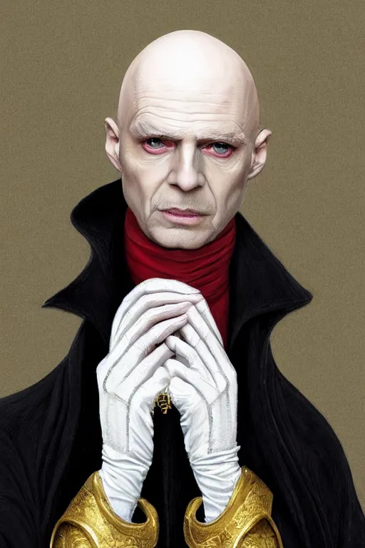 Prompt: a bald pale sorcerer in his late nineties. stately and dour in his expression. eyeliner accentuates his sunken eyes. a high black turtleneck covers his thin neck. opulent white golden red robe. white leather gloves with gold decoration, sharp focus, illustration, digital painting, art by magali villeneuve