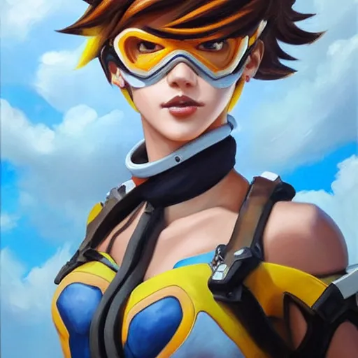 Image similar to oil painting of tracer overwatch in a field, in style of artgerm, expressive face, very detailed face, wearing large steel choker, very detailed eyes, full body, feminine face, detailed makeup on eyes,