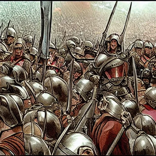 Image similar to enoumous crowd of people, as seen in the battle of helm's deep, but no weapons or armor present, everyone is laughing and pointing at donald trump standing on a podium. style of political cartoon.