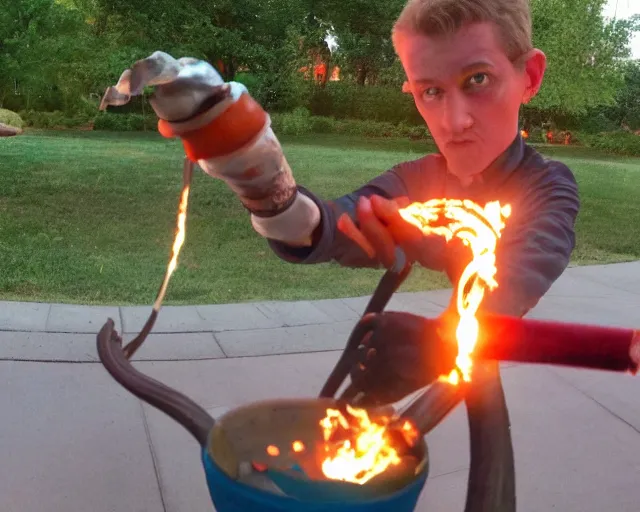 Prompt: squidward firebending outside at susnset