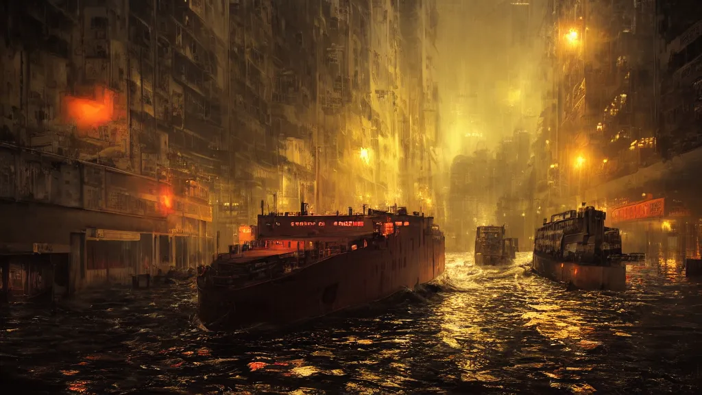 Image similar to dramatic Photorealistic, Matte Painting of a freight ship being towed by a tug boat with bright head lights down a busy post apocalyptic deep flooded Hong Kong city street at night,dark Tall buildings by Greg Rutkowski,Craig Mullins,Hyperrealism,Beautiful dramatic moody lighting,Cinematic Atmosphere,Octane Rendering,8K