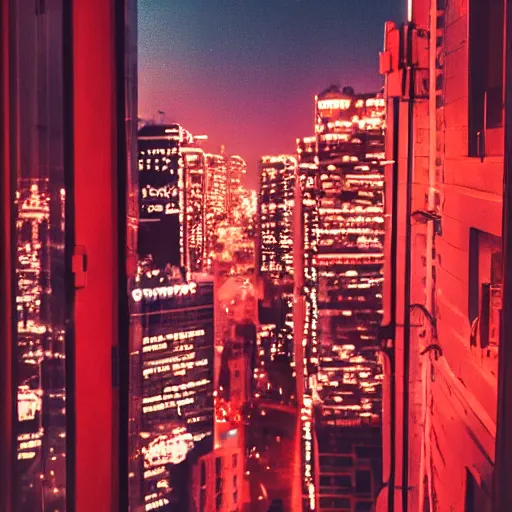 Image similar to view from window of nighttime city neon lights red neon
