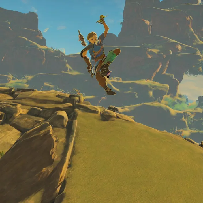 Prompt: Tony Hawk in The Legend of Zelda Breath of the Wild, detailed screenshot