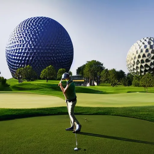 Prompt: a giant playing golf using the spaceship earth attraction at epcot as the ball in real life, highly detailed, extremely high resolution, ultra realistic