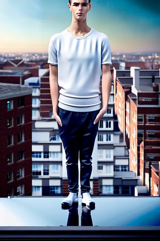 Image similar to un ultra high definition studio quality photographic art portrait of a young man standing on the rooftop of a british apartment building wearing soft padded silver pearlescent clothing. three point light. extremely detailed. golden ratio, ray tracing, volumetric light, shallow depth of field. set dressed.