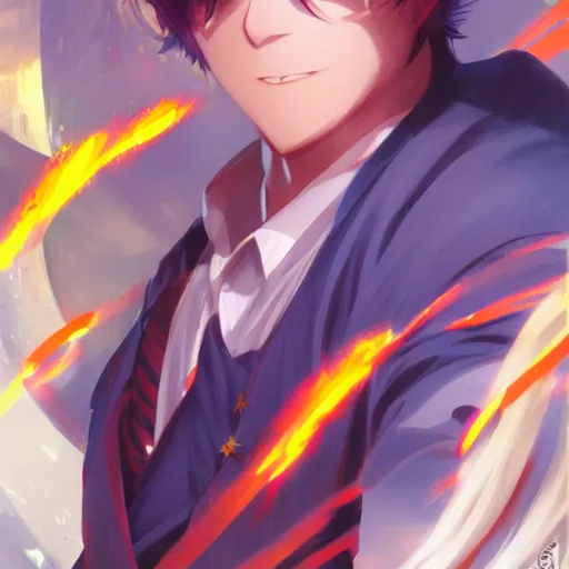 Prompt: anime portrait of a male Wizard holding on to their explosive papers, vibrant colors, by Stanley Artgerm Lau, WLOP, Rossdraws, James Jean, Andrei Riabovitchev, Marc Simonetti, and Sakimichan, trending on artstation