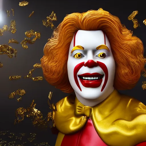 Image similar to A still of Ronald McDonald surrounded by gold and diamonds, Award-winning, photograph, 3d render, unreal engine, 4k detailed