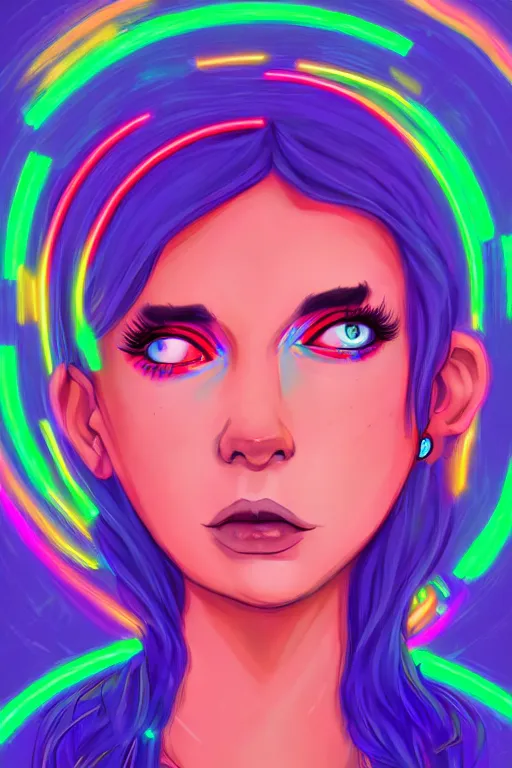 Image similar to a award winning portrait of a beautiful woman with stunning eyes in a one off shoulder croptop and cargo pants with rainbow colored hair, outlined by whirling illuminated neon lines and fine lines swirling in circles by lois van baarle, digital art, trending on artstation