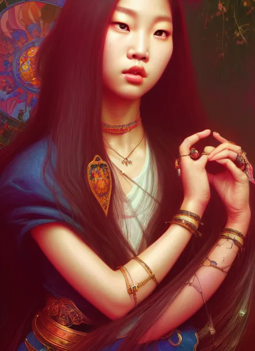 Image similar to jennie kim of blackpink, queen, tarot card, highly detailed, digital painting, smooth, sharp focus, illustration, ultra realistic, unreal engine, 8 k, art by simon bisley and greg rutkowski and alphonse mucha