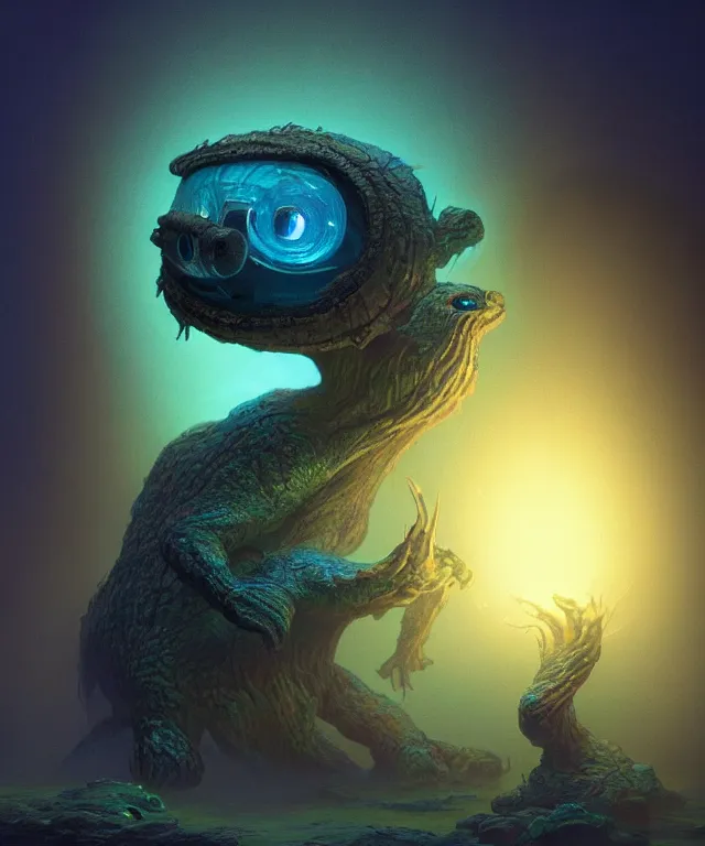 Image similar to a tiny creature with enormous eyes made of bioluminescence, fantasy, elegant, crisp 8 k line work, emissive lighting, digital painting, artstation, unreal engine, octane render, concept art, matte, sharp focus, illustration, art by bob eggleton