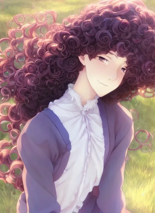 Prompt: Painting of a cottagecore witch with curly strawberry hair in the style of Violet Evergarden, beautiful anime art style, winged eyelashes, countryside, calm, fantasy character portrait, dark outlines, dynamic pose, above view, sunny day, artwork by Makoto Shinkai, very coherent asymmetrical artwork, sharp edges, perfect face, simple form, 100mm