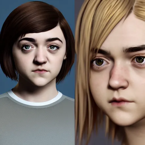 Prompt: Maisie Williams, straight hairstyle, white eyes, blonde hair, realistic render, short hair, unreal engine render, Icaro Carvalho