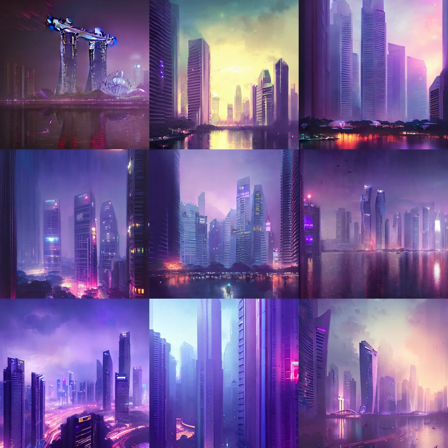 Prompt: Singapore city, by greg rutkowski, blue and purple lighting, digital art, ultra realistic, ultra detailed, photorealistic, 4k, character concept