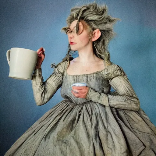 Prompt: A 18th century, messy, silver haired, (((mad))) elf princess (Mr. Bean), dressed in a ((ragged)), wedding dress, is ((drinking a cup of tea)). Everything is underwater and floating. Greenish blue tones, theatrical, (((underwater lights))), high contrasts, fantasyconcept art, inspired by John Everett Millais's Ophelia