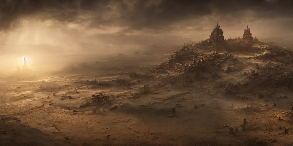 Image similar to kingdom made of sand, superwide angle, light through the mist, dramatic lighting, photorealistic, cinematic lighting, high detail, cinematic feel, high octane, 4 k, unreal engine, digital render, intricate, ultra realistic, concept art