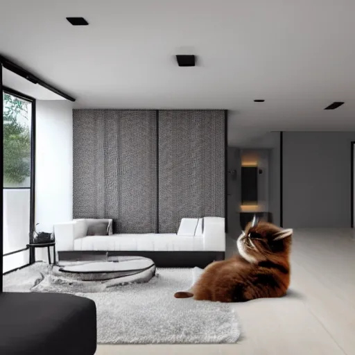 Prompt: modern minimalist interior design with a fluffy kitten