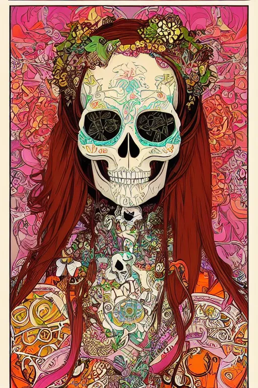 Prompt: beautiful skull portrait girl female illustration detailed patterns art of thai traditional dress, pop art, splash painting, art by geof darrow, ashley wood, alphonse mucha, makoto shinkai