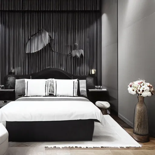 Image similar to bedroom, interior design, stylish luxury hotel bedroom design, black vertical slatted timber, !stone, textures, feminine, black walls, art, vase with flowers, Japanese and Scandinavian influences