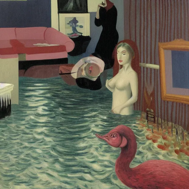 Prompt: tall female emo artist in her flooded apartment, water gushing from ceiling, painting of flood waters inside an artist's home, a river flooding indoors, pomegranates, pigs, ikebana, zen, water, octopus, river, rapids, waterfall, black swans, canoe, berries, acrylic on canvas, surrealist, by magritte and monet