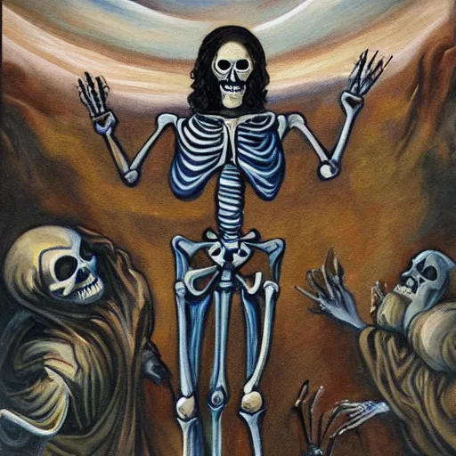 Image similar to a detailed painting of Jesus Christ skeleton standing with a background of apocalypse on earth