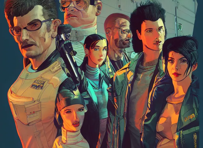 Image similar to cyberpunk heist crew. portrait by stonehouse and mœbius and will eisner and gil elvgren and pixar. character design. realistic proportions. dystopian. cyberpunk 2 0 7 7, apex, blade runner 2 0 4 9 concept art. cel shading. attractive face. thick lines. hi def 4 k. detailed scene.