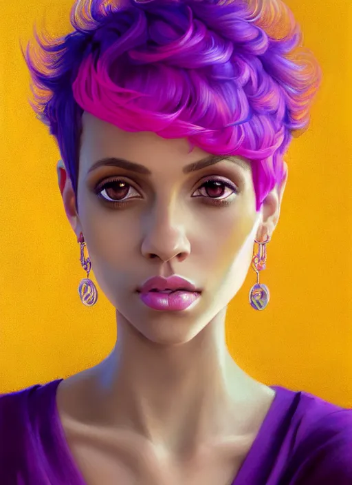 Image similar to portrait of vanessa morgan with bright pink hair, curly pixie cut hair, wearing a purple breton cap, breton cap, hoop earrings, intricate, elegant, glowing lights, highly detailed, digital painting, artstation, concept art, smooth, sharp focus, illustration, art by wlop, mars ravelo and greg rutkowski