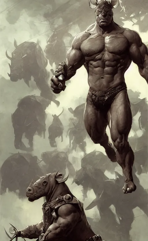 Image similar to rocksteady, rhino, mutant, rugged, handsome, male, atmospheric lighting, amazing, full body, thighs, armpit, muscular, intricate, highly detailed, digital painting, deviantart, concept art, sharp focus, illustration, art by greg rutkowski and alphonse mucha