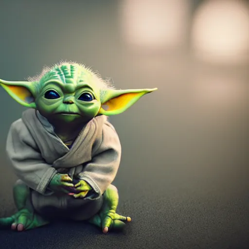 Image similar to full body pose, hyperrealistic photograph of baby yoda with a beard, dim volumetric lighting, 8 k, octane beautifully detailed render, extremely hyper detailed, intricate, epic composition, cinematic lighting, masterpiece, trending on artstation, very very detailed, stunning, hdr, smooth, sharp focus, high resolution, award, winning photo, dslr, 5 0 mm