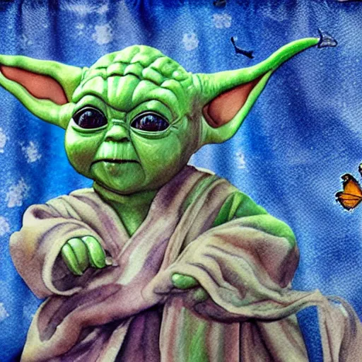Prompt: shower curtain product catalog. on the curtain is a watercolor with ink under drawing of a butterfly flying over baby yoda. wide - angle product photography, product lighting. 4 k, highly detailed. saturated.